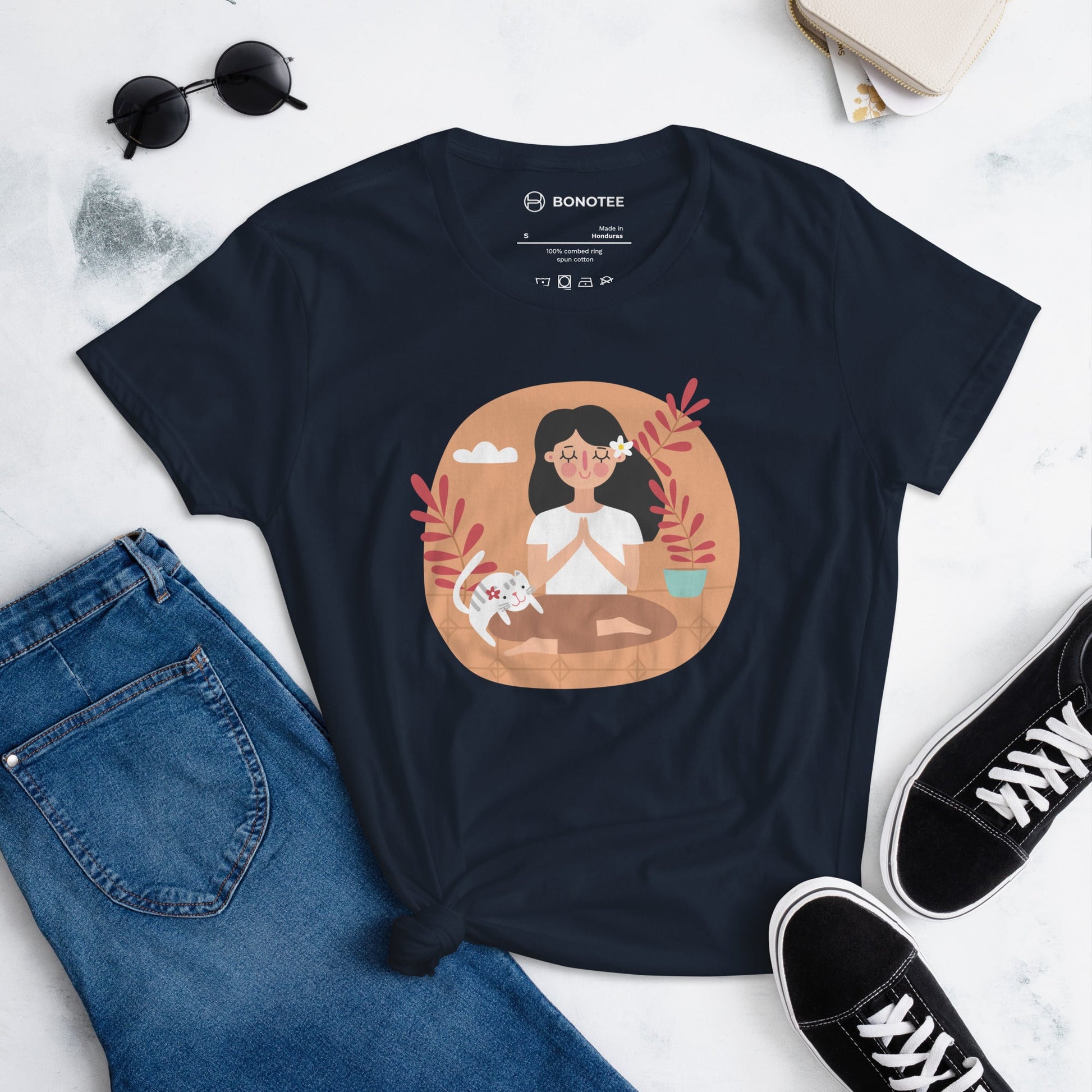 womens-t-shirt-never-be-alone-navy
